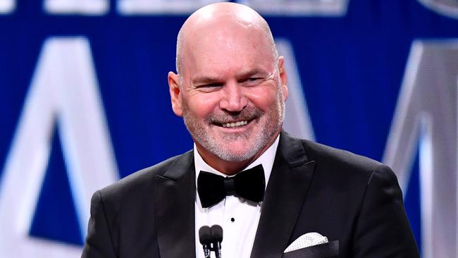 MELBOURNE, AUSTRALIA – JUNE 18: Jason Dunstall, AFL Hall of Fame Legend addresses the room during the Australian Football Hall of Fame at Centrepiece on June 18, 2024 in Melbourne, Australia. (Photo by Josh Chadwick/AFL Photos/via Getty Images)