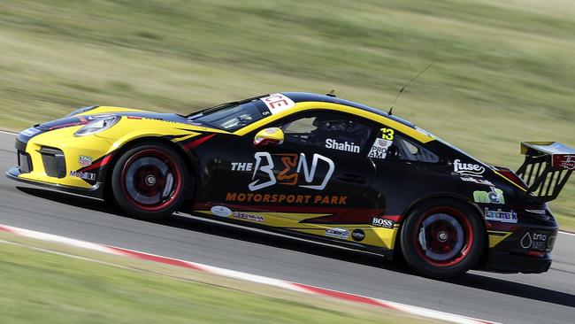 The Bend’s track owner Sam Shahin competes in the Porsche Carrera Cup support category. Picture: Sarah Reed