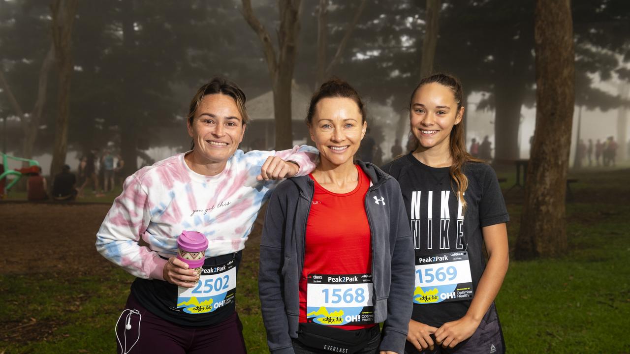 Ready for Peak2Park 2022 are Lexcene Robertson, Sarah Drury and Lexi Drury, Sunday, April 3, 2022. Picture: Kevin Farmer