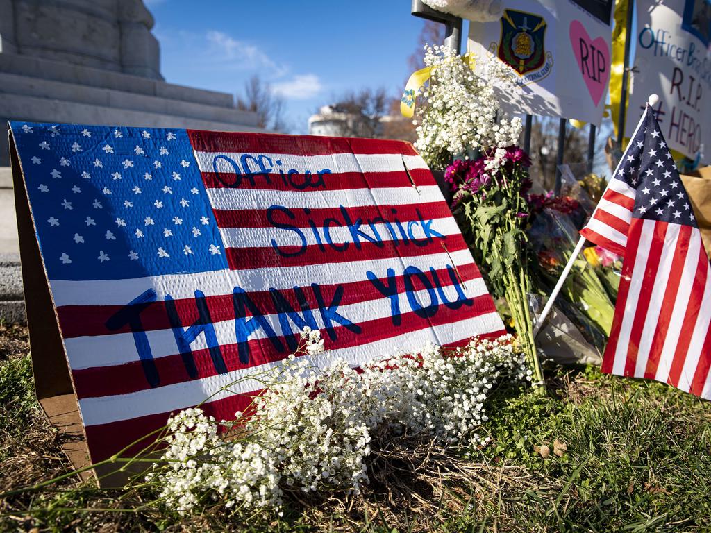 A memorial for Brian Sicknick, the US Capitol Police Officer who died from injuries following the Capitol riots. Picture: AFP