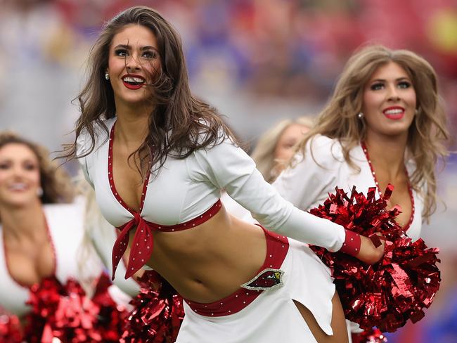 GLENDALE, ARIZONA - SEPTEMBER 15: Arizona Cardinals cheerleaders perform during the NFL game at State Farm Stadium on September 15, 2024 in Glendale, Arizona. The Cardinals defeated the Rams 41-10. (Photo by Christian Petersen/Getty Images)