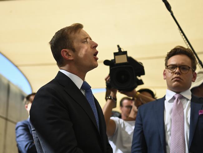 Ten News reporter Jonathan Lea asks a question of Australian Opposition Leader Bill Shorten during a press conference at Flinders University College of Medicine in Adelaide, Tuesday, April 16, 2019. (AAP Image/Lukas Coch) NO ARCHIVING