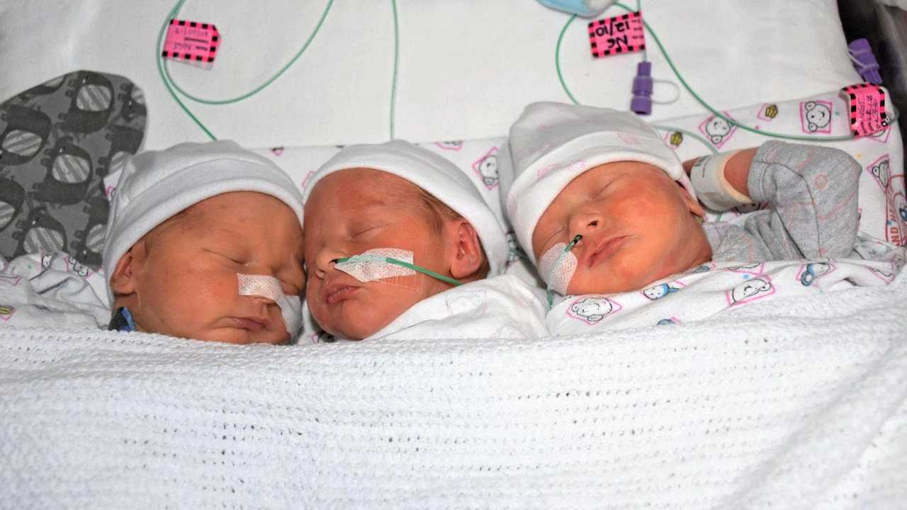 Triplets Kodi, Cooper and Summer Gardiner were born at Ipswich Hospital this month. Picture: Contributed