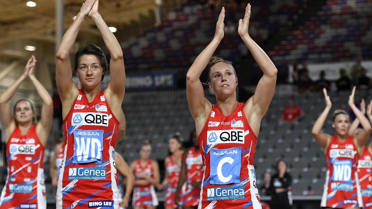 NSW Swifts players hope to be clapping again on Sunday after their semi-final showdown with Fever. Picture: Albert Perez/Getty Images