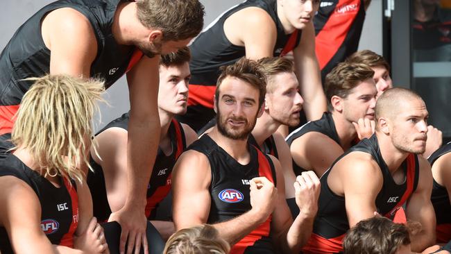 Jobe Watson holds court at an Essendon photo shoot. Picture: Kylie Else