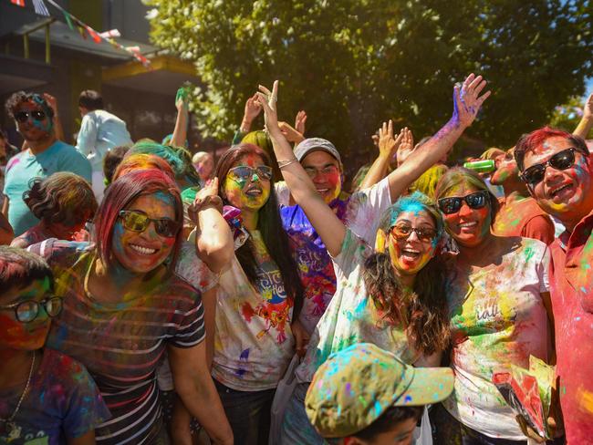 People get into the spirit at the Holi Festival celebrated in Point Cook.Picture: supplied