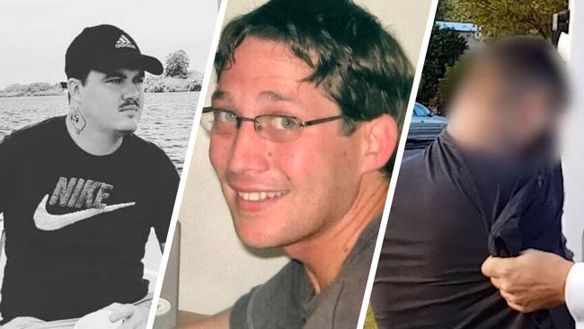 A verdict has been ruled on the death of Aaron Marks (centre) with Bradley Presbury (left) and Justin Anderson sentenced. Images on the right show the duo's initial arrest by NSW Police.