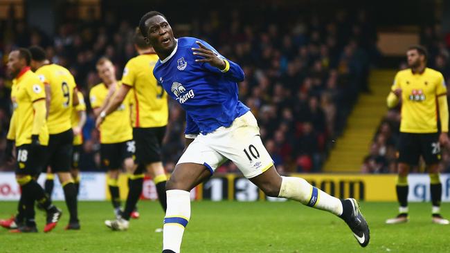 Romelu Lukaku of Everton celebrates scoring.