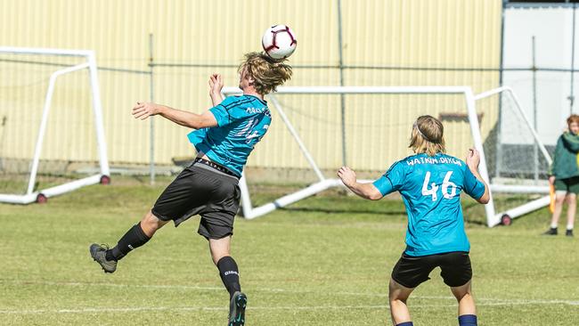 Baylee Halls-Tempest and Trent Watkins-Dixon in the Queensland Schools Premier League Football match between Marsden and Chancellor College at Darra, Thursday, July 30, 2020 - Picture: Richard Walker