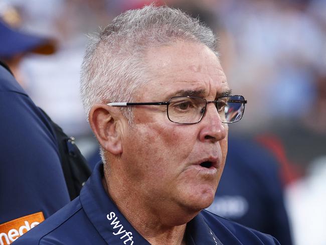 MELBOURNE, AUSTRALIA - SEPTEMBER 30: Lions head coach Chris Fagan looks dejected after the 2023 AFL Grand Final match between Collingwood Magpies and Brisbane Lions at Melbourne Cricket Ground, on September 30, 2023, in Melbourne, Australia. (Photo by Daniel Pockett/AFL Photos/via Getty Images)