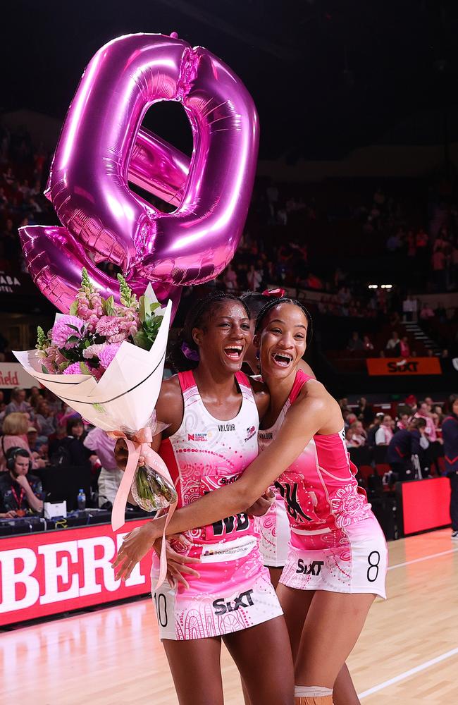 Latanya Wilson celebrating her 50th game with Shamera Sterling-Humphrey. Picture: Getty Images