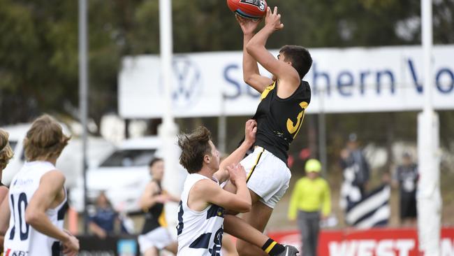 Ashton Moir marks the ball during the SANFL under-16 grand final between South Adelaide and Glenelg in Noarlunga on Sunday, April 25, 2021. (The Advertiser/ Morgan Sette)