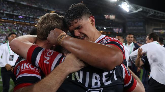 Latrell Mitchell celebrates victory after the match. Picture: Brett Costello