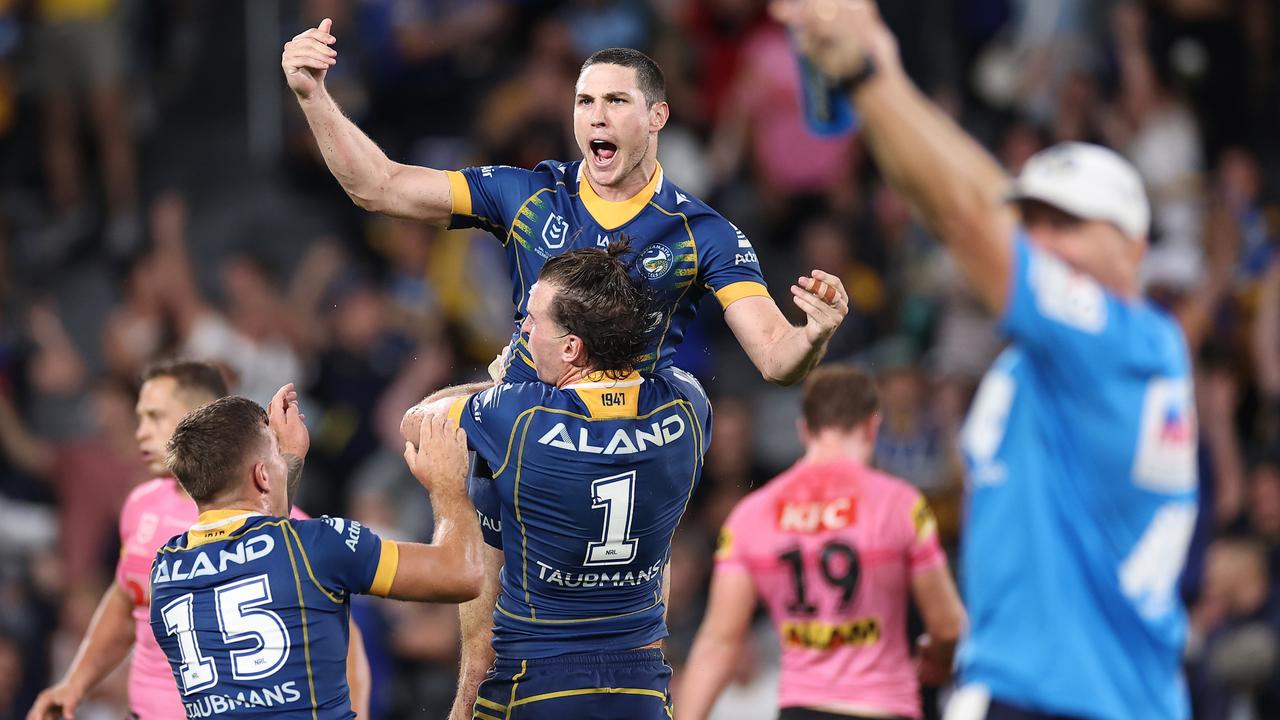 Parramatta halfback Mitchell Moses did the same to the Panthers in round 4, kicking an extra-time field goal to seal victory. Picture: Cameron Spencer/Getty