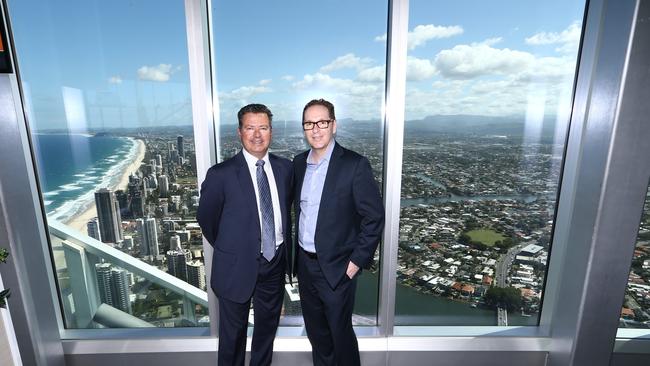 IncentiaPay CEO Iain Dunstan and George Lawson from Alipay at the Alipay launch at Skypoint at Q1 in Surfers Paradise. Picture: Glenn Hampson