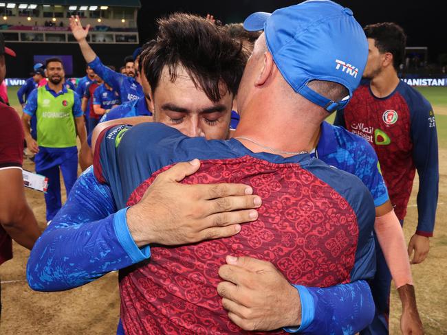 Emotions ran high after Afghanistan confirmed it’s first ever T20 World Cup semi-final spot. Picture: Darrian Traynor-ICC/ICC via Getty Images