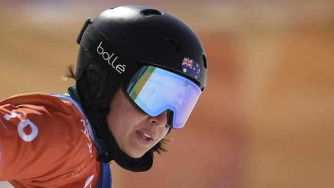 Belle Brockhoff of Australia crosses the finish line in the quarterfinal round of the Women's Snowboard Cross at Phoenix Snow Park, during the PyeongChang 2018 Winter Olympic Games, in PyeongChang, South Korea, Friday, February 16, 2018. (AAP Image/Dan Himbrechts) NO ARCHIVING, EDITORIAL USE ONLY