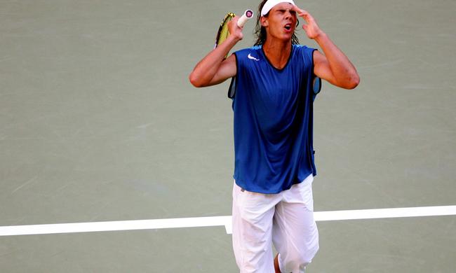 Rafael Nadal sporting the famous singlet and capi pants during the 05 Australian Open. Picture: Colleen Petch