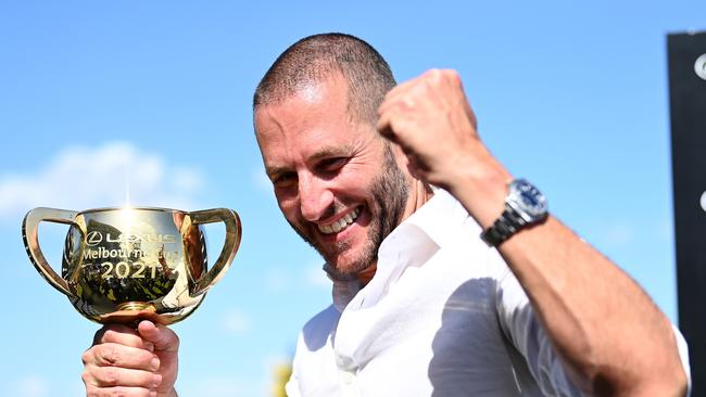 Verry Elleegant owner Brae Sokolski with the Lexus Melbourne Cup after James Mcdonald rode it victory in 2021. Picture: Getty