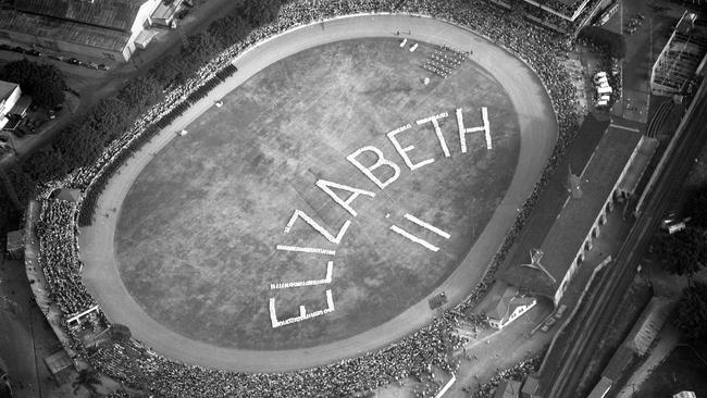 An aerial photograph of the Ekka in 1953 during the Royal visit. To this day it is the smallest ground to ever host a VFL/AFL match.