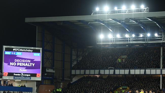 LIVERPOOL, ENGLAND - NOVEMBER 03: Detailed view of the result of the VAR check during the Premier League match between Everton FC and Tottenham Hotspur at Goodison Park on November 03, 2019 in Liverpool, United Kingdom. (Photo by Michael Regan/Getty Images)