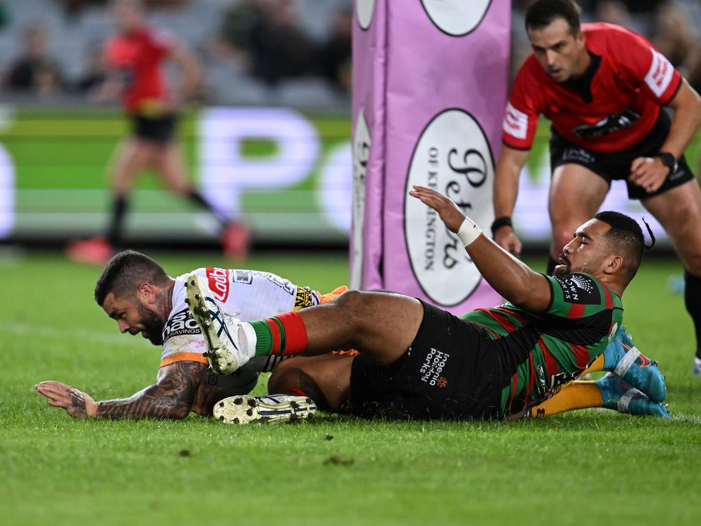 Reynolds punished a gap in the Souths’ defence to score directly under the posts. Picture: NRL Imagery