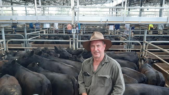 Russell Warner, Tarrawingee, with his 24 Angus heifer weaners, 340kg, which sold for $1715 or 504c/kg at Wangaratta today. Earlier in the week the steer portion had sold to $1870 for 485c/kg. Picture: Jenny Kelly.