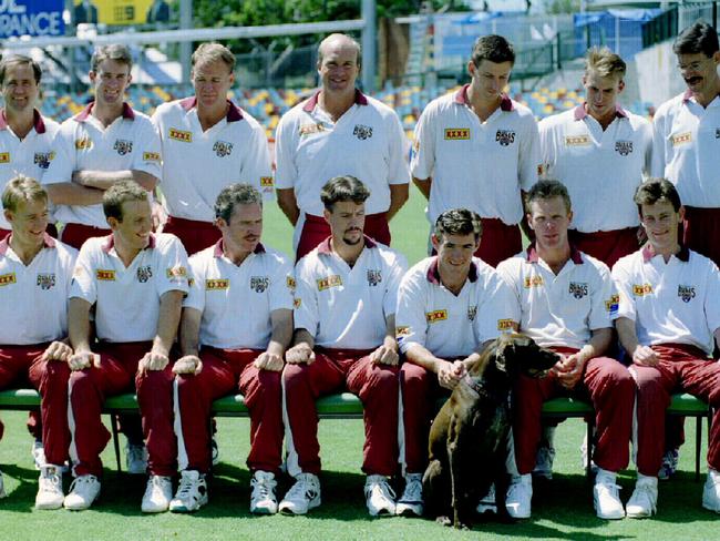 The titleholders: (top left to right) physio Lindsay Trigar, Martin Love, Dirk Tazelaar, Carl Rackemann, Michael Kasprowicz, Matthew Hayden, coach John Buchanan; (front left to right) Andrew Bichel, Wade Seccombe, Allan Border, Stuart Law, Jimmy Maher, Trevor Barsby, Paul Jackson.