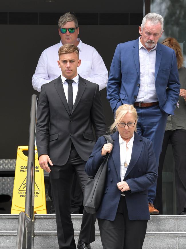 Callan Sinclair with supporters at Wollongong Courthouse for the continuing rape trial. Picture: NCA NewsWire / Simon Bullard.