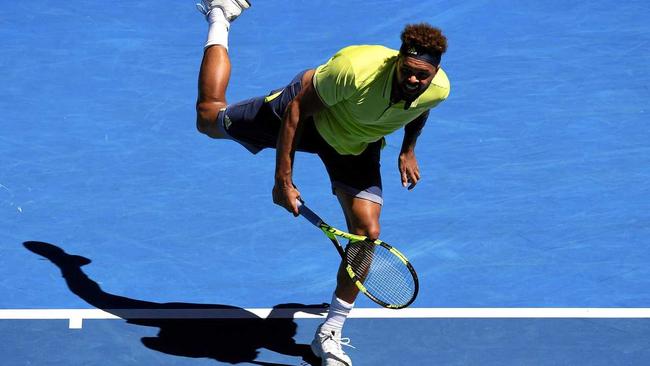 Jo-Wilfried Tsonga serves in his second-round win over Denis Shapovalov. Picture: LUKAS COCH