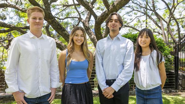 Students with a perfect ATAR score in Queensland, from left, Ethan Harvey, Isla Williams, Syed Mehdi Hussain and Xin Ying Ng.