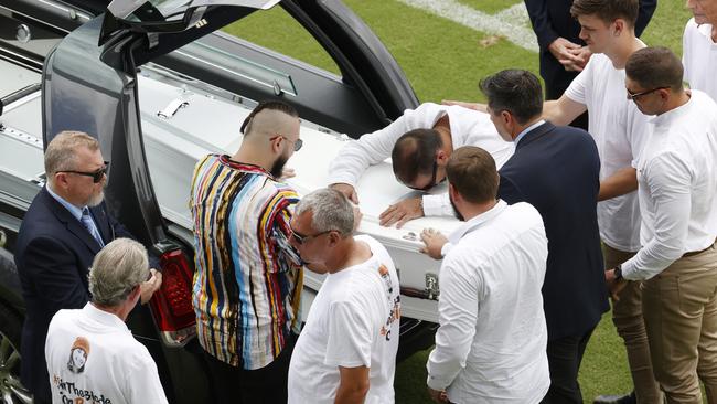 Michael Stewart farewells his son Balin Stewart at Sunshine Coast Stadium. Picture: Lachie Millard