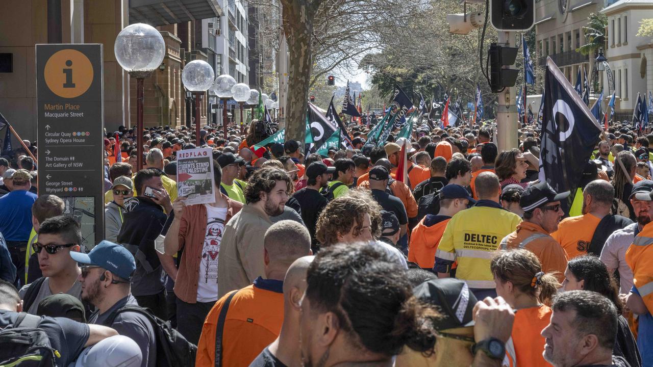 Chants of ‘f**k Albo’ and ‘hands off our union’ have echoed through Sydney’s CBD as thousands of protesters supporting the embattled CFMEU swarm the streets despite warnings against unauthorised strikes. Picture: NewsWire / Monique Harmer