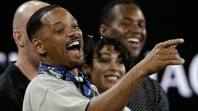 Will Smith courtside for Nick Kyrgios’ Australian Open match. Picture: AP