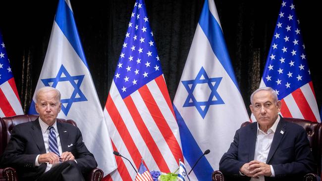 Joe Biden sits with Benjamin Netanyahu at the start of the Israeli war cabinet meeting in Tel Aviv last October 18, soon after the Hamas attack. Picture: Miriam Alster / Pool / AFP