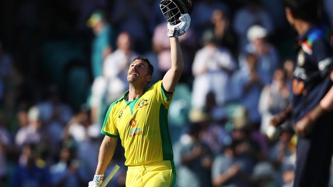 Aaron Finch looks to the heavens after scoring his century. Picture: Brett Costello