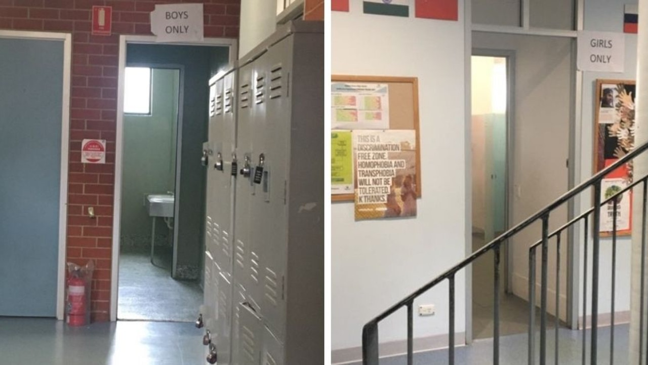 The new revamped toilet cubicles at Golden Grove High School can be seen from the halls after the removal of external doors. Pictures: Supplied