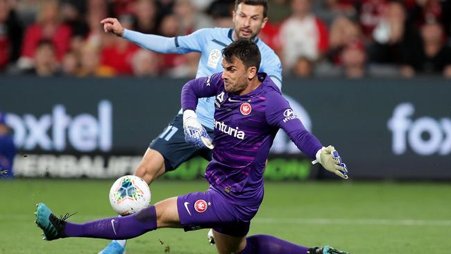 Lopar’s saves helped Western Sydney win the derby. Picture: Getty Images