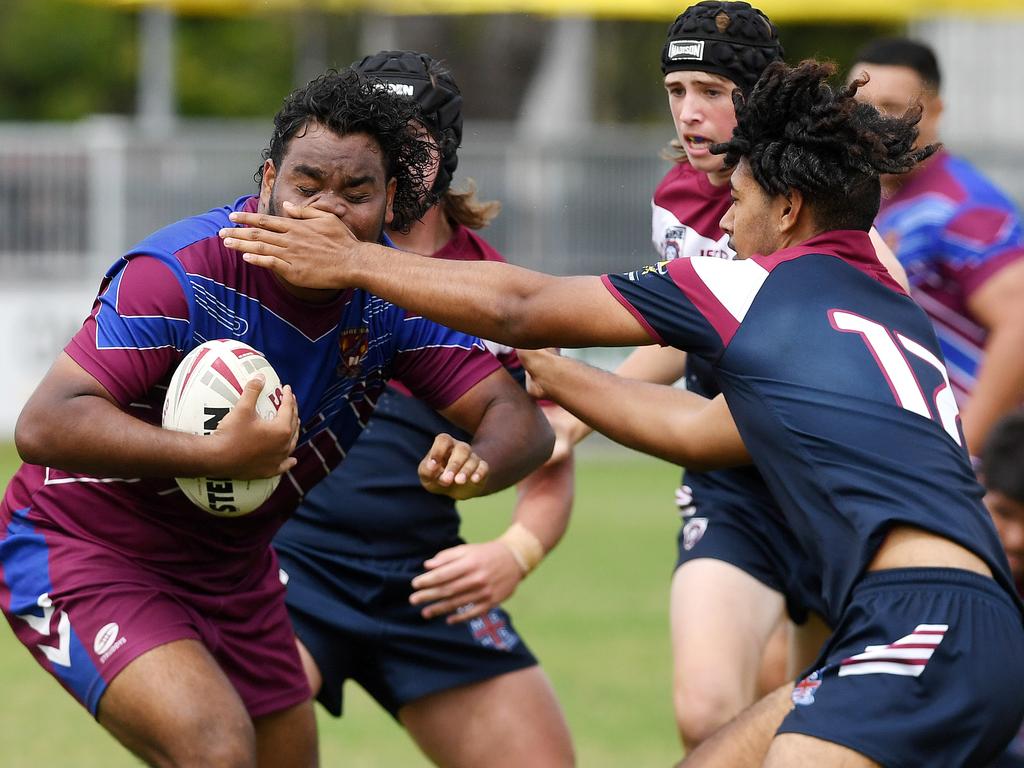 Mareeba v Mackay in the Aaron Payne Cup. Mareeba SHS Tyrone Williams up against Mackay SHS Sam Samiu. Picture: Shae Beplate.