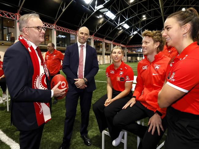 Harley (2L) and Mills (2R) during the official opening of the Sydney Swans’ new HQ in June. Picture: Phil Hillyard