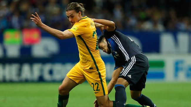 Socceroos midfielder Jackson Irvine in action against Japan on Thursday night.