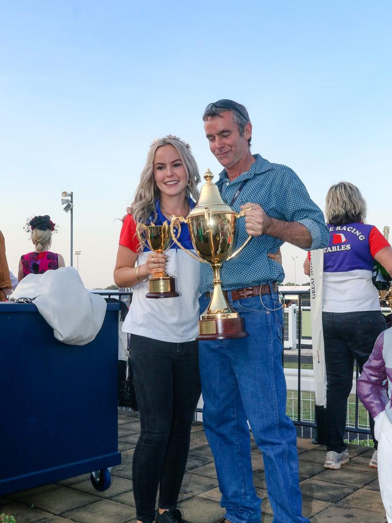 Ella Clarke and her Dad Gary Clarke as “Playoffs” scores an emotional win in the Great Northern Darwin Cup. Picture: Glenn Campbell