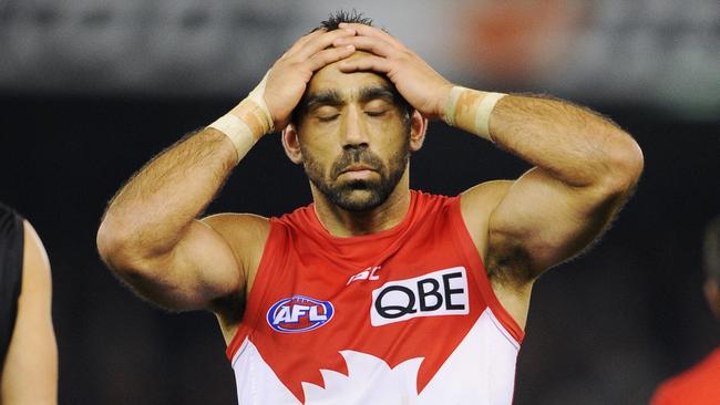 Adam Goodes reacts after missing his shot for goal after the siren against Essendon in 2011.