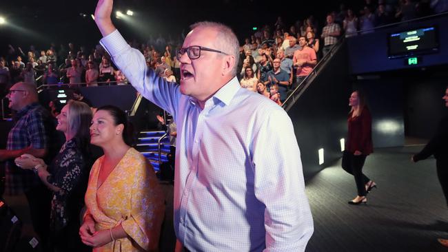 Prime Minister Scott Morrison at church with his wife Jenny. Picture: Gary Ramage