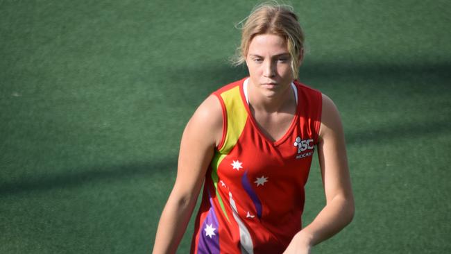 Eyes on the game for this Illawarra South Coast player in division one finals against North West Sydney, NSW U18s Girls Hockey Championships, May 23.