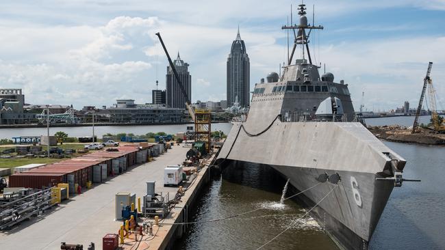 The recently completed Australian-designed US Navy littoral combat ship USS Jackson at the Austal USA shipyards in Mobile, Alabama.