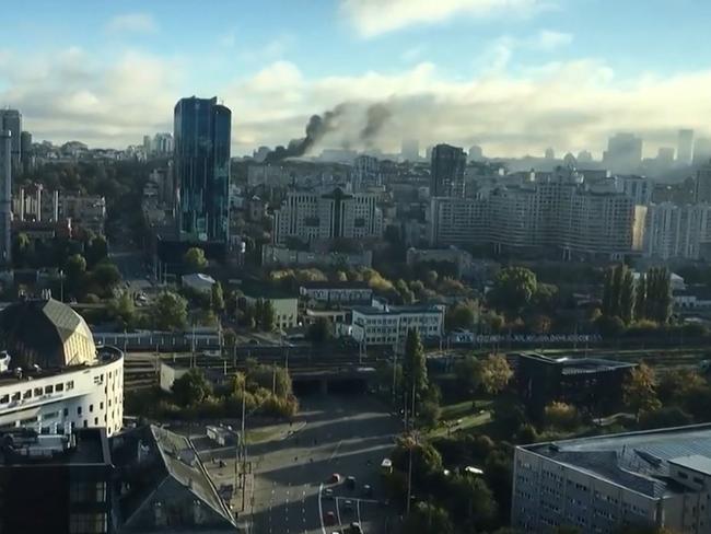 CCTV images show smoke rising from Kyiv skyline after several Russian strikes hit the Ukrainian capital, with police reporting a number of fatalities. Picture: AFP