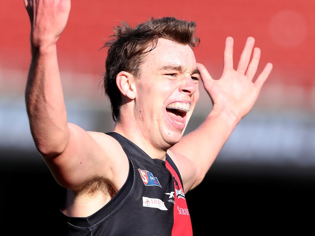 Riley Thilthorpe celebrates a goal for West Adelaide. Picture: Sarah Reed