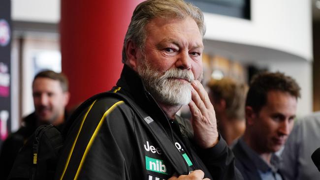 Richmond Tigers Football Manager Neil Balme speaks to media during the opening day of the AFL trade period as club representatives begin trade discussions in Melbourne, Monday, October 7, 2019. (AAP Image/Michael Dodge) NO ARCHIVING