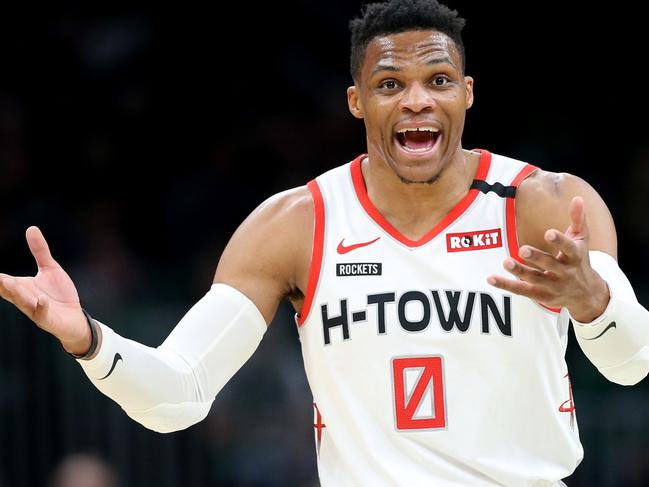 BOSTON, MASSACHUSETTS - FEBRUARY 29: Russell Westbrook #0 of the Houston Rockets disputes a call during the first half of the game against the Boston Celtics at TD Garden on February 29, 2020 in Boston, Massachusetts.   Maddie Meyer/Getty Images/AFP == FOR NEWSPAPERS, INTERNET, TELCOS & TELEVISION USE ONLY ==